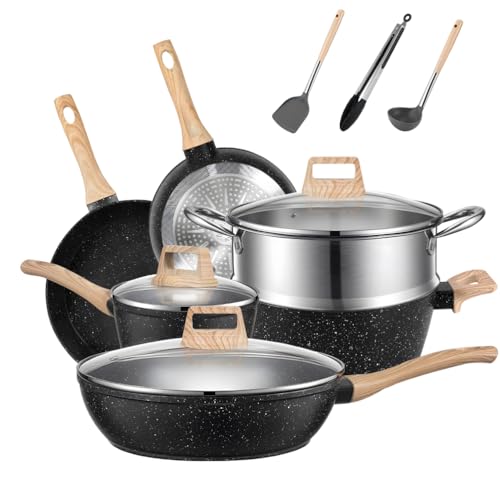 MDHAND 12-Piece Black Granite Coating Non-Stick Cookware Set, Includes Frying Pans, Stirring Pans and Soup Pots for Cooking, Roasting and Cooking
