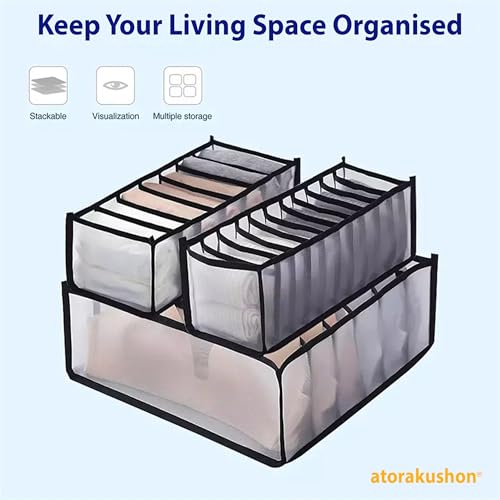 Image of atorakushon Mesh Grid Foldable Storage Organizer for Clothes| Cabinet Closet | Undergarments Almirah & Wardrobe Organiser Box For Socks, Bra, Tie, And Scarfs, Underwear & Panties Set of 3 Grey