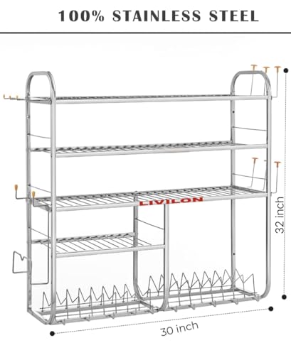 Image of LIVILON Stainless Steel 5-Tier Kitchen Rack with Utensil Holder & Dish Drainer | Multi-Purpose Storage Organizer for Plates, Cups & Cookware
