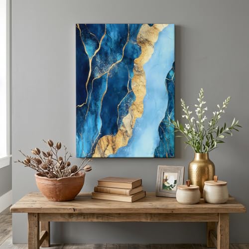 VANPTBNHS Canvas Wall Art Prints Abstract Gradient Blue Marbling Wood