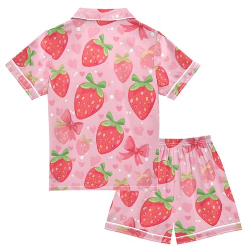 ALAZA Strawberry Love Heart Fruit Bow Pajamas Satin Pajama Set Short Sleeve Button Down Sleepwear2