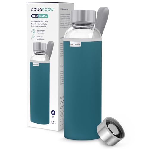 Aquafloow Wasserflasche aus Glas 700 ml mit Neoprenhülle, Transparente trinkflasche Glas mit Bambusdeckel | Ideal flasche für Büro, Outdoor, Schule, für Kohlensäurehaltige Getränke – Dunkelblau