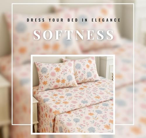 Image of HOMEKART Cotton Double Bedsheet with Pillow Covers | 144 TC Soft & Breathable Luxury Bed Sheet | Leaf Printed Bedding for Bedroom | Double Bed Size 90 x 90 Inches | Denim Blue