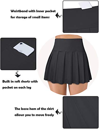 Cestyle Athletic Skort, Tennis Skirts for Women Pleated High Waist Aline Lightweight Breathable Solid Color Volleyball Sports Skirt with Built-in Shorts Activewear Black Large