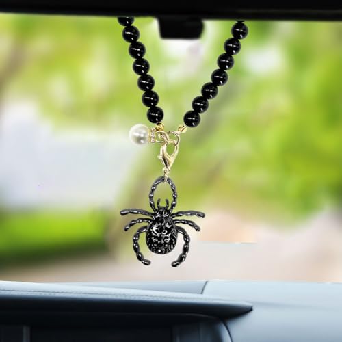 KPFILEH Spider Car Hanging Ornament, Gothic Pearl Chain Auto Rear View Mirror Charm, Funny Vehicle Interior Pendant Decoration Accessory Present for Women Men(Black)