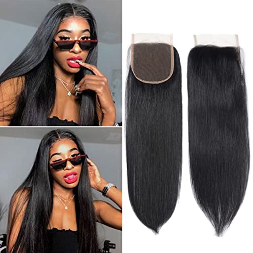 Datanla Straight Human Hair Lace Closure 4x4 Free Part Silk 12Grade Brazilian Virgin Straight Human Hair Transparent Lace Closure Natural Black Color (22inch