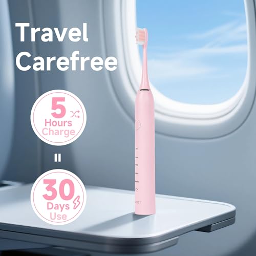 PERECT Ultrasonic Electric Toothbrush Adults with 6 Brush Heads, 5 Modes Electric Toothbrush, Travel Rechargeable Power Toothbrush with Smart Timer &Travel Case & Soft Picks, IPX7 Waterproof, Pink - Image 6