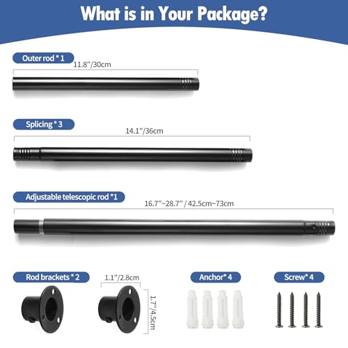 Image of Black Wall Mounted Shower Rod 28 to 73 inch Adjustable
