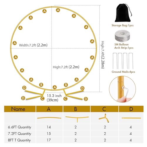 Image of Nisoger 7.2FT Round Backdrop Stand, Circle Gold Balloon Wedding Arch Frame | Metal Wedding Backdrop With Storage Bag For Valentines Day Parties, Baby Shower, Ceremony and Graduation Decorations