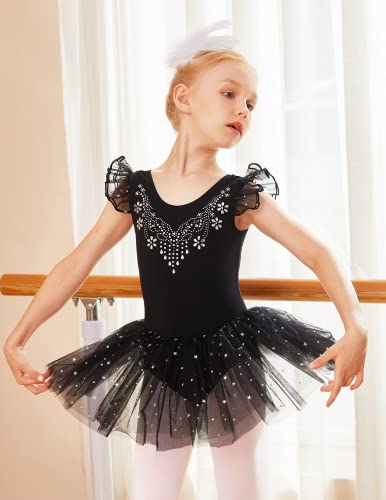 Flypigs Little Girls Sequin Leotard Sparkly Ballet Leotards Tutu Dress Ballerina Outfit Dance Costume For Kids Black #TOP3