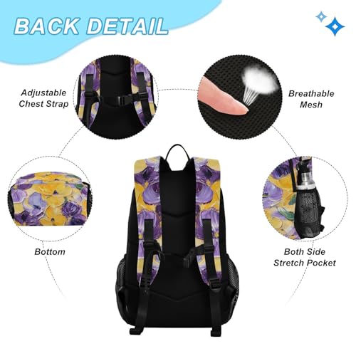 Backpack Lunch Bag Set for Travel Hiking Picnic, Purple Yellow Flowers Print Backpacks with Insulated Lunch Box3