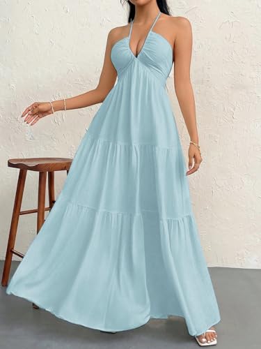 Image of Narecte Women's Maxi Summer Dresses Halter V Neck Beach Dresses for Women A-Line Casual Dress for Vacation
