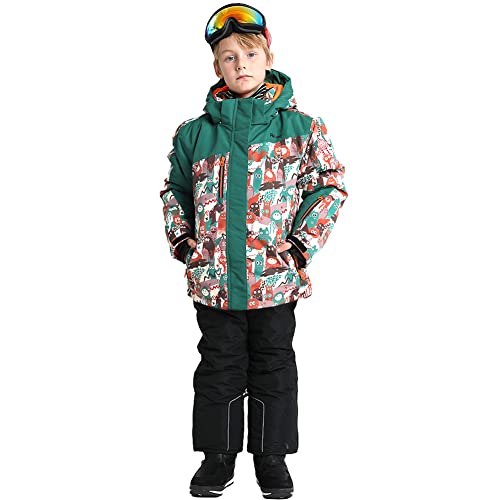 LSERVER Skianzug Jungen mit Kapuze Fleece Verdickt Jacke + Skihose 2-teilige Mädchen Winddichter Wasserdichter Schneeanzug, Grünes + Schwarze, 134-140