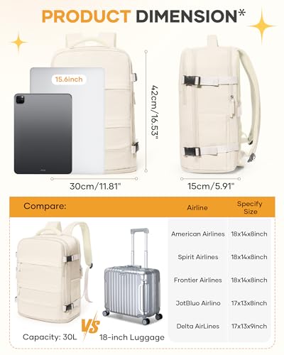 Image of coofay Beige Travel Backpack For Women Men Airline Approved Personal Item Carry On Flight Approved Waterproof Backpack For Traveling On Airplane Weekender Travel Bag