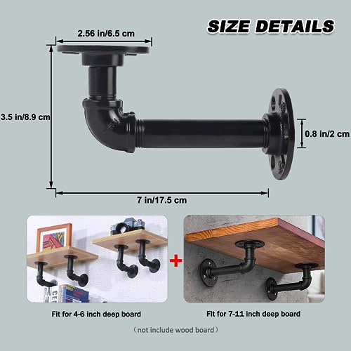 MLOQI 4 Pack Industrial Pipe Shelf Brackets, Black Wall Bracket for Shelves with Screws (Black 7 Inches), 7 inches 4 Pack - Image 2