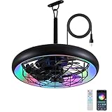 Netin 20' Outdoor Ceiling Fan with Lights,RGB & 3CCT Dimmable,6 Speed Hanging Gazebo Fan,IP65 Waterproof Plug-in Black Caged Ceiling Fan with Remote/App Control for Patio,Porch,Pergola(Matte Black)