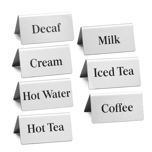 VELATYVIO 7 Pcs Stainless steel coffee beverage table tent signs Double sided metal tea sign for Cafe Coffee bar Party Buffet Restaurant Indoor Outdoor Table Display Signs 2.95 x 1.57Inch