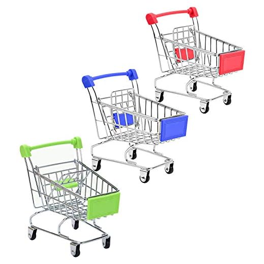 SKYCOOOOL 3 Pcs Mini Shopping Cart, Colorful Metal Shopping Cart Toy Mini Shopping Handcart Mode Tiny Ulitily Trolley Toy for Kids Desk Storage(Red,Blue,Green)