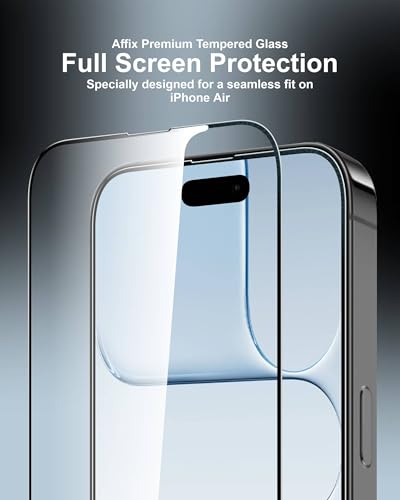 Image of Affix 2 Pack for iPhone Air Or iPhone 17 Air Full Coverage Tempered Glass, Screen Protector Guard with Easy Fix Installation Tool, 9H Hardness Shatterproof, HD Clear Scratch Resistant