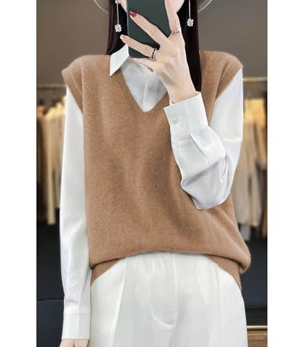 Image of Women's V-Neck Knit Sweater Vest 100% Merino Wool Lightweight Sleeveless Pullover Basic Vest Short Tops
