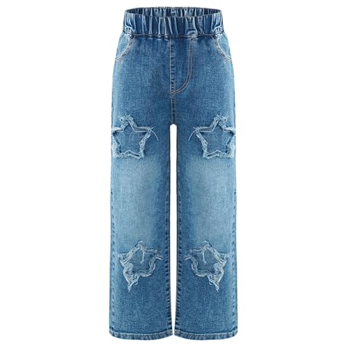 ACSUSS Girls Jeans Pants Elastic Waist Ripped Wide Leg Denim Pants Casual with Pockets Kids Jeans 5-16 Years