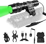 XLENTGEN Green Hunting Flashlights, 350 Yards Rechargeable Tactical LED Flashlight with Rail Mount & Pressure Switch Waterproof Predator Light for Night Hunting, Battery Include