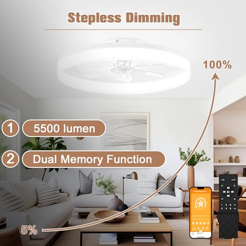 Image of VOLISUN Low Profile Bladeless Ceiling Fans with Dimmable LED Light, 23.6in Flush Mount for Bedroom (White)