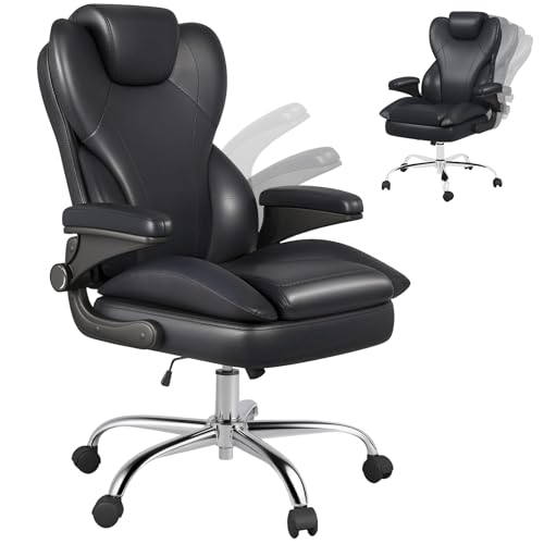 Image of Hovos Office Chair, Ergonomic Big and Tall Desk Leather Chair with Padded Flip-up Arms, Adjustable Tilt Lock, Heavy Duty Swivel Rolling Computer Chair for Home Office, Black