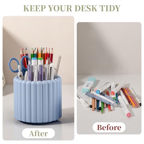 Image of Anyoifax 360 Rotating Pen Holder 7 Slots Desk Organizer Removable Pencil Cup Plastic Art Supplies and Accessories Desktop Storage Box Caddy for Office, School, Home (Blue)