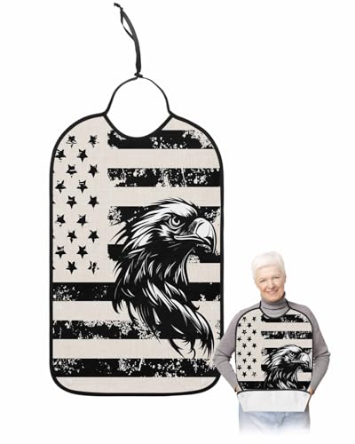 LEOKOTI Black Eagle 4th of July Adult Bibs for Eating, Waterproof Bibs with Food Catcher & Adjustable Snap Closure, American Flag Independence Day Washable Clothing Protectors Adult Bibs for Elderly