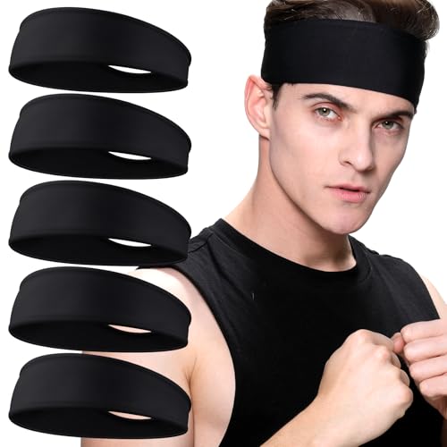 Image of Braylin 5-Pack Breathable Sport Headbands for Men, Sweat-Wicking, Elastic Stretch