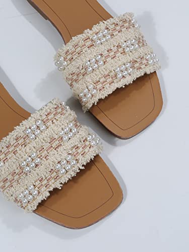 GORGLITTER Women's Summer Beach Flat Cute Sandals 2025 Color Block Faux Pearls Decor Leather Flat Slides Beige and Brown CN40 - Image 4