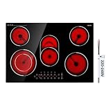 VEVOR Electric Cooktop 30inch 5 Burners Stove Top 8900W 220V No Plug, Ceramic Built-in Radiant Electric Stove, with 9 Power Levels, Timer, Child Lock, Over-Heat Guard, Touch Control