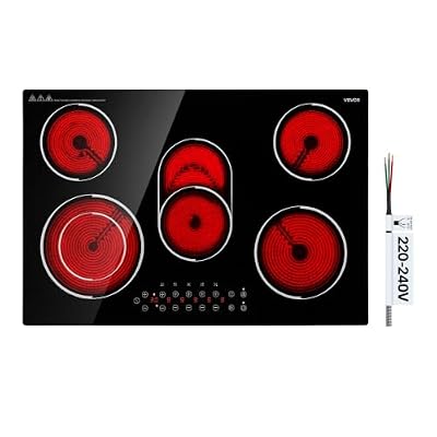 VEVOR Electric Cooktop 30inch 5 Burners Stove Top 8900W 220V No Plug, Ceramic Built-in Radiant Electric Stove, with 9 Power Levels, Timer, Child Lock, Over-Heat Guard, Touch Control