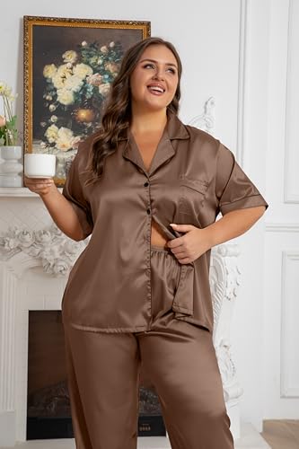 Image of Vozanet Women's Button Down Satin Pajama Sets Silky Short Sleeve Top & Pants Plus Size Loungewear Classic Sleepwear XL to 5XL