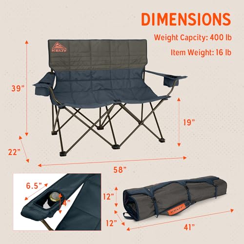 Image of Kelty Loveseat Oversized 2-Person Heavy Duty Folding Camp Chair, Double Seat for Soccer Games, Tailgating, Beach Days (Regular Height /Dark Shadow) | Comfortable Seat for 2 Adults, Insulated Cup Holders, Perfect for Soccer Games, Backyards, Concerts, Roll Tote Storage