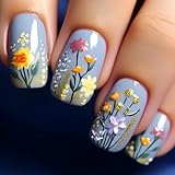 Short Press on Nails Square Fake Nails with 3D Flower Designs Colorful Glue on Nails Gold Glitter Acrylic Nails Spring Summer False Nails Glossy Full Cover Stick on Nails for Women Girls 24Pcs