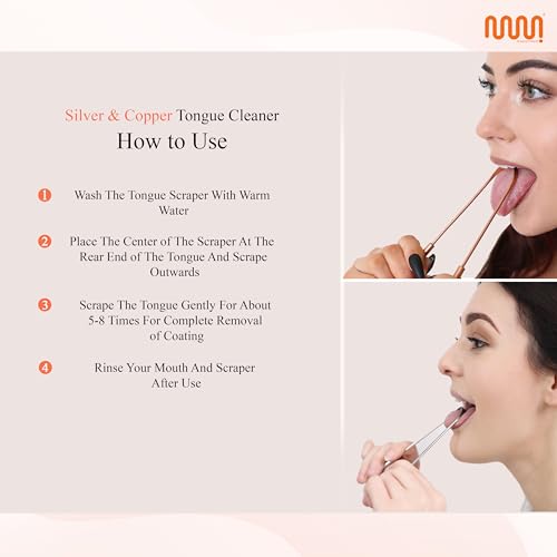 Image of MasterMedi Tongue Scraper for Adults, 100% Stainless Steel & Copper Tongue Scrubber for Bad Breath, Easy to Use, Tongue Cleaner for Oral Care & Hygiene (Combo-2)