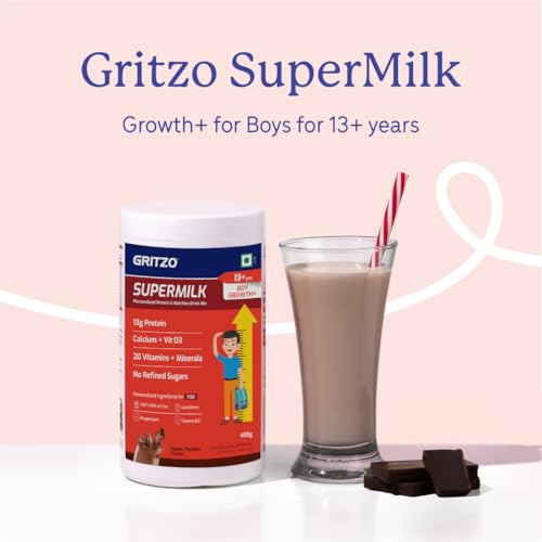 Gritzo SuperMilk Growth+ (Formerly Height+) (13+y Boys), 13g Protein Powder (Double Chocolate, 400g) | Zero Refined Sugar, 20 Vitamins & Minerals
