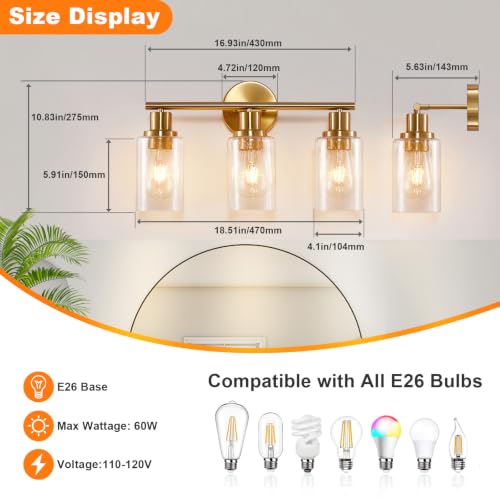 Image of DLLT 3-Light Bathroom Light Fixtures: Gold Modern Vanity Wall Lights with E26 Bulbs - Bubbled Glass Shade Bathroom Wall Lamp for Mirror Kitchen Living Room Hallway Cabinet Porch