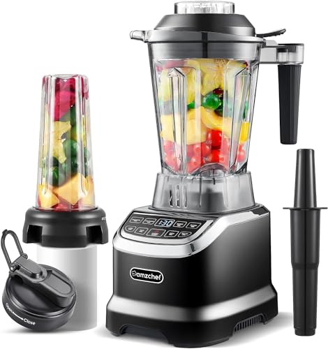 AMZCHEF Mixer Smoothie Maker - 2000W Blender - Mixer Hochleistungsmixer mit LED Zeitanzeige - 6 Pro-Scharfe 3D Klingen - 22000 U/Min Standmixer - 1,85 Liter Flasche und 600ml Tragbare Flasche