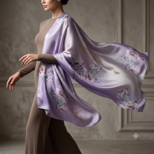 Image of Floral Printed Silk stole | silk Scarf for Women | stylish silk stole for women | Soft Lightweight Stole, Shawl & Neck Wrap | Scarf for Wedding, Party, Travel & Casual Wear
