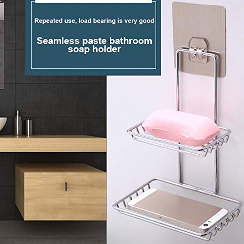 Image of Wall Mounted Double Layer soap Dish Holder Stainless Steel Wall Hanging Soap Storage Rack for Kitchen Bathroom-with Self Adhesive Magic Sticker (1, Double Layer soap Dish Holder)