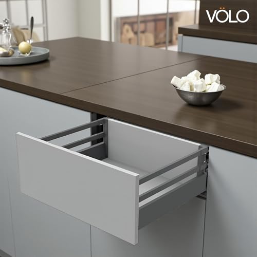 Image of VOLO Soft Close Tandem Drawer Slide System for Modular Kitchen - Double Gallery Metal Side Panels, Innotech Type, 50Kg Load Capacity | 1 Set | Grey, 8 Inch X 550MM /22 inch