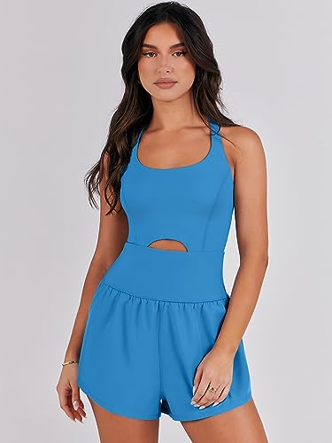 Image of ANRABESS Women Rompers Running Exercise Workout Set One Piece Jumpsuits Gym Yoga Outfits 2025 Summer Active Wear Clothes Blue Small