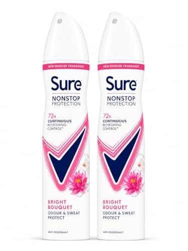 Image of Sure Nonstop Protection Anti-Perspirant Deodorant Spray, Bright Bouquet, 72h Odour & Sweat Protect, Women's Body Spray, Pack of 2 (250ml)