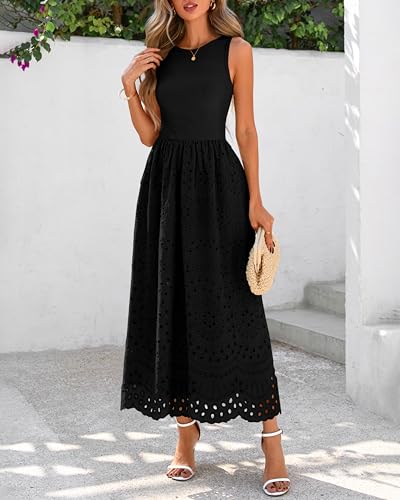 dowerme Women Summer Dresses 2026 Casual Sleeveless Crewneck A-Line Boho Lace Eyelet Cotton Tank Maxi Dress with Pockets(Black,X-Large) — view 6