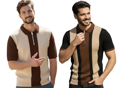 Image of AUSK Men's Textured Vertical Striped Knit Polo T-Shirt | Half Sleeve Zipper Neck Self-Design Casual Tee | Mens Tshirts