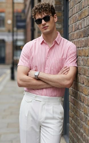 Image of Afflatus Men's Striped Half Sleeve Cotton Shirt | Slim Fit Casual Summer Shirt for Men | Lightweight Breathable Button-Down Shirt for Office and Travel