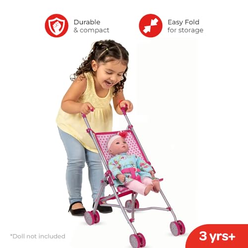 عربة بيبي دول صغيرة من ذا مون براند عربة أطفال خفيفة الوزن وجاهزة للسفر للعب التظاهري وصغيرة الحجم وسهلة الطي وقابلة للحمل مع إطار معدني للمرح الخيالي للأطفال من عمر 3 سنوات فما فوق، لون بينك